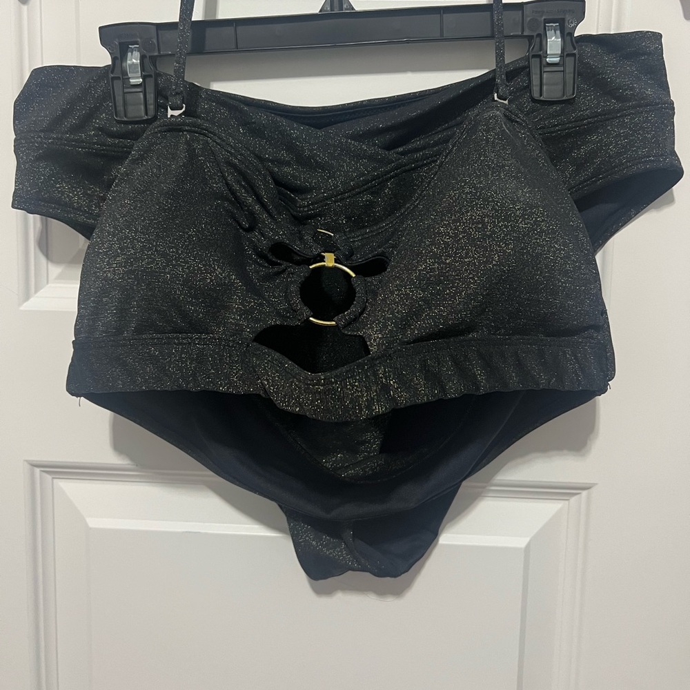 Cupshe Black High-Waisted Bikini with Gold Ring Detail